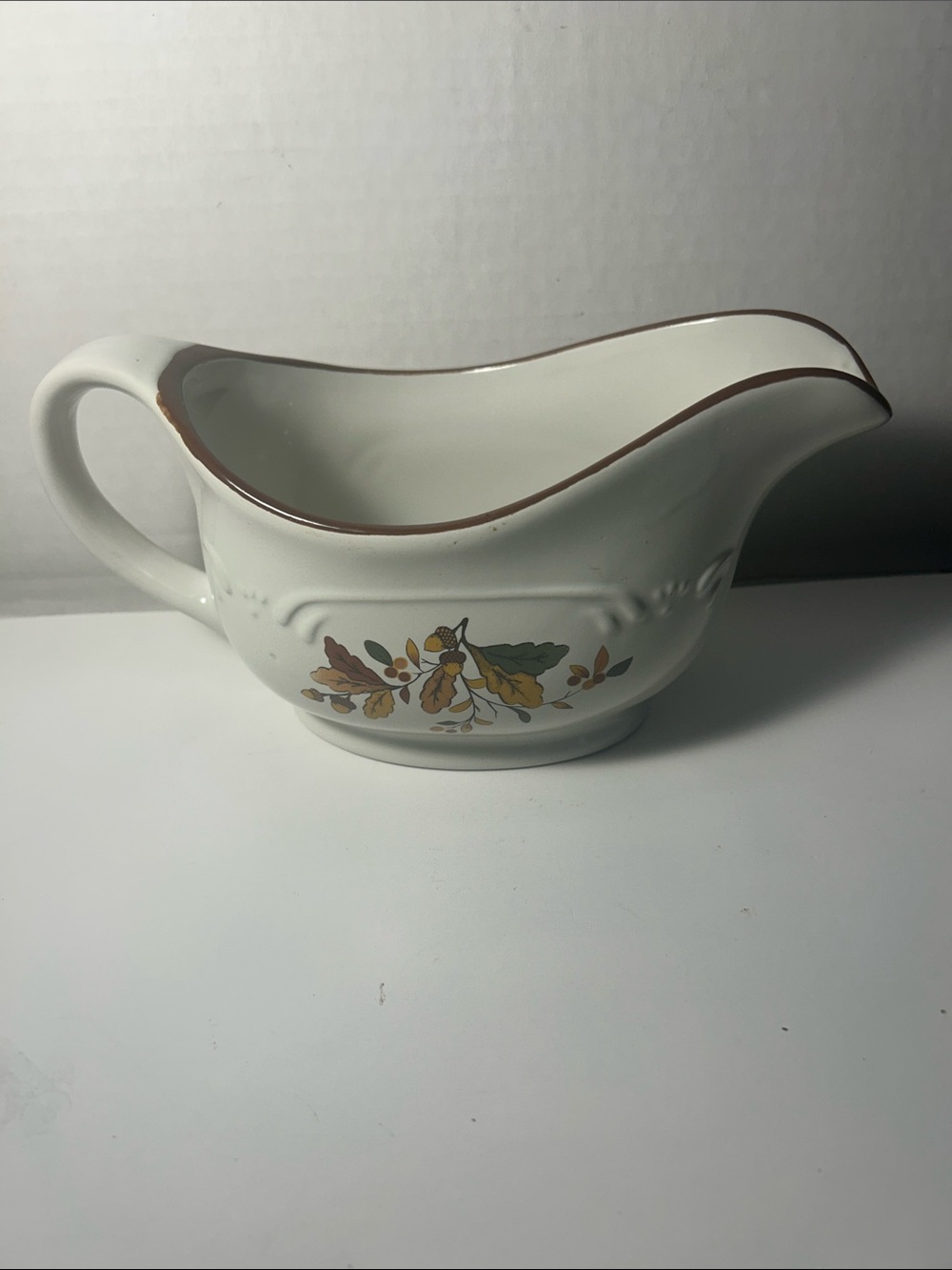 Pfaltzgraff White Gravy Boat with Brown Rim and Autumn Leaf Motif